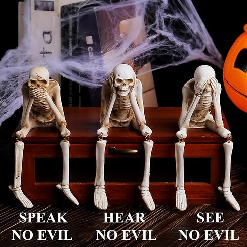 SEVEN LUCKY LIGHT Halloween Decorations Indoor Small Skeletons Set of 3 See NO Evil Speak NO Evil Hear NO Evil Halloween Table Decor Halloween Crafts Skeleton Figurine Resin Halloween Decor in Saudi Arabia