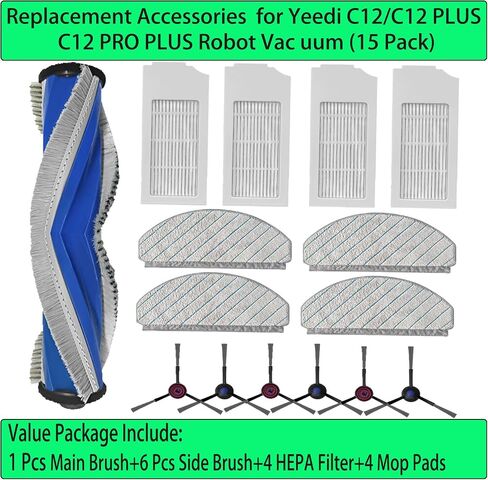 Replacement for Yeedi C12 Series Accessories: Replace Parts for Yeedi C12 PRO PLUS Robot Vacuum and Mop 1 Main Brush 6 Side Brush 4 Filter 4 Mop Pad (15 Pack) in Saudi Arabia