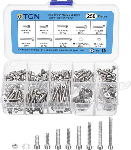 250Pcs Bolts and Nuts Kit, #4-40 Screw Assortment, 304 Stainless Steel #4-40x3/16",1/4",5/16",3/8",1/2",5/8",3/4",1" Hex Socket Head Cap Screws Bolt Set with Washer in Saudi Arabia