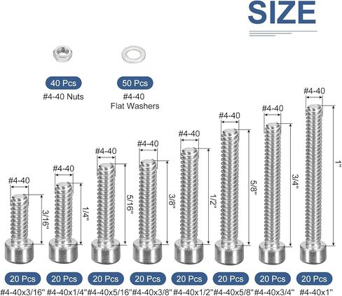 250Pcs Bolts and Nuts Kit, #4-40 Screw Assortment, 304 Stainless Steel #4-40x3/16",1/4",5/16",3/8",1/2",5/8",3/4",1" Hex Socket Head Cap Screws Bolt Set with Washer in Saudi Arabia