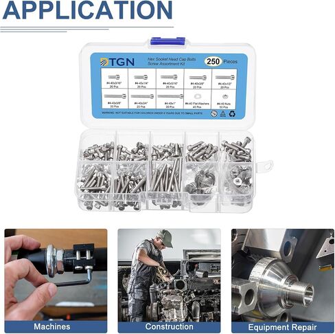 250Pcs Bolts and Nuts Kit, #4-40 Screw Assortment, 304 Stainless Steel #4-40x3/16",1/4",5/16",3/8",1/2",5/8",3/4",1" Hex Socket Head Cap Screws Bolt Set with Washer in Saudi Arabia