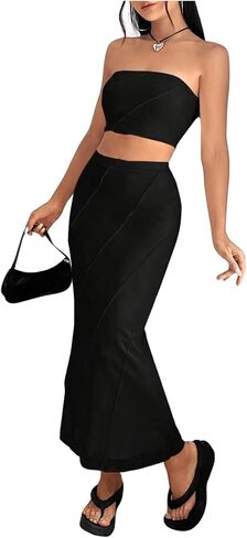 GORGLITTER Women's 2 Piece Skirt Set Outfits Strapless Bandeau Tube Top and Bodycon Maxi Skirt in Saudi Arabia