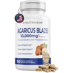 Agaricus Blazei 10,000mg Organic Mushroom Extract for Immune & Energy Support - 30% Polysaccharides & 180 Veggie Capsules - Non-GMO, Gluten-Free, Vegan-Friendly Supplement