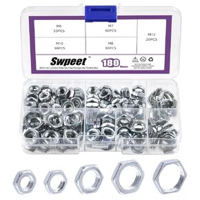 Swpeet 180Pcs 5 Sizes M6 M7 M8 M10 M12 White Zinc Plated Thin Hex Lock Nut Assortment Kit, White Zinc Plated Hex Locknuts Fitting for Pipe Fitting and Plumbing Fixed