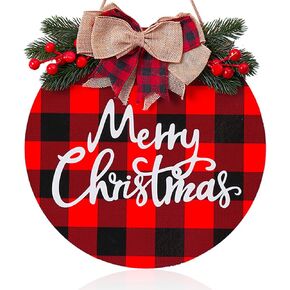 Merry Christmas Wood Sign Christmas Decoration Hanging Sign Christmas Wall Decor Rustic Wooden Plaid Wreath Christmas Decor Wood Round Yard Sign Farmhouse Christmas Front Door Sign