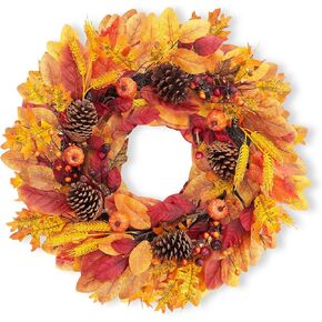 24 Inch Fall Wreath for Front Door, Autumn Artificial Wreath with Pumpkins, Maple Leaves, Berries, Wheat for Front Door Indoor Outdoor Wall Halloween Thanksgiving Home Decor