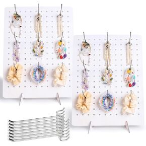 2 Pcs White Wooden Pegboard Display Stand with 20 Pcs Metal Hooks Retail Rack Pegboard Display Board Keychain Display Stand for Jewelry Craft Shows Selling Peg Board Accessories Organizer, 17" X 13"