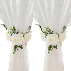 2pcs Flower Curtain Tiebacks Magnetic Adjustable Elegant Rose Floral Tie Backs for Curtains Drapes Decorative Cute Creative Curtain Buckle Strap for Wedding Home Office Bedroom White