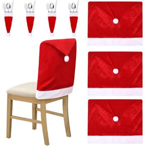 4 PCS Christmas Chair Covers Set and 4 Pcs Silverware Holders Santa Hat Chair Covers Stretchy for Xmas Dinning Room Kitchen Restaurant Decor Christmas Decoration (Red)
