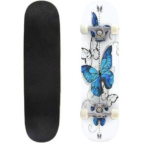 Composition of Blue Butterflies Morpho and White Butterflies on White Outdoor Skateboard 31"x8" Pro Complete Skate Board Cruiser 8 Layers Double Kick Concave Deck Maple Longboards for Youths Sports