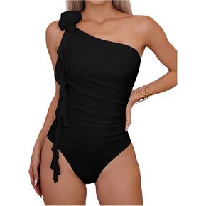 Women's 3D Floral Solid One Shoulder One Piece Swimsuit Ruched Y2K Bathing Suits Beachwear