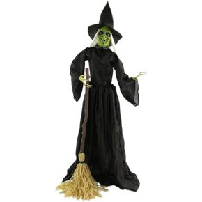 Haunted Hill Farm 71-in. Witch with Broomstick Halloween Animatronic, Indoor or Covered Outdoor Halloween Decorations, Poseable and Talking Animated Halloween Decor, Battery Operated Halloween Prop