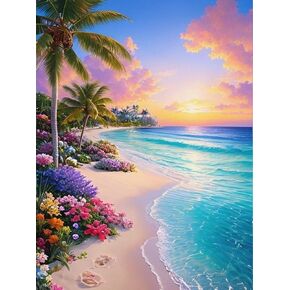 eniref Diamond Art Kits for Adults,Roses Beach DIY 5D Round Full Drill Diamond Painting Gem Art Kits for Crafts Gift and Home Wall Decor,Flowers Sunset Sea Diamond Dots Kit 12x16 Inch