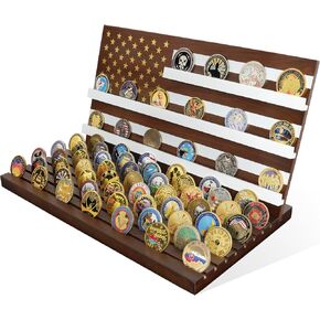 11 Rows American Flag Challenge Coin Display Holder Stand - Wooden Military Coin Holder for Desk - Holds 80-90 Coins - Ideal for Veterans, Collectors, and Patriots, Black