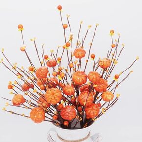 Autumn Pumpkin Berry Stems, 4 Pcs Artificial Halloween Pumpkin Berry Picks Thanksgiving Stems for Home Centerpiece Vase Windowsill Decoration Fall Celebration (4, Orange)