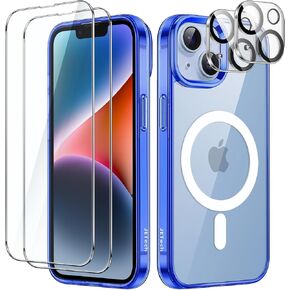 JETech 5 in 1 Magnetic Case for iPhone 14 6.1-Inch with 2-Pack Tempered Glass Screen Protector and Camera Lens Protector, Compatible with MagSafe, Shockproof Bumper Phone Cover (Clear) in Saudi Arabia