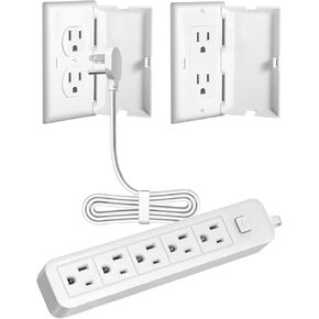 Outlet Cover Extension Cord 6 Feet, Ultra-Thin Outlet Concealer with Flat Plug Power Strip 5 AC Outlets, Childproof Flat Extension Cord Outlet Cover, 1875W for Kitchen, Home, Office