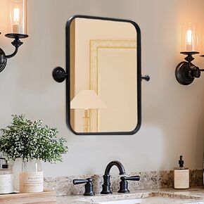 24" X 36" Pivot Mirror for Bathroom, Black Metal Frame Rounded Rectangle Mirror, Tilting Vanity Mirror for Wall Mounted, Hangs Vertical Only