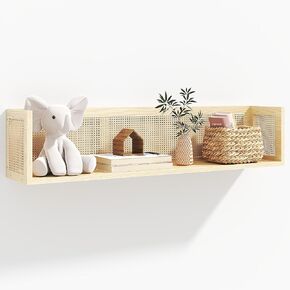 Wood and Rattan Wall Shelf, U-shaped 36’’ Nursery Floating Shelves for Wall Storage, Natural Pine Wood Wicker Wall Shelf|Boho Decorative Shelves for Netural Nursery Decor,Living Room,Bedroom