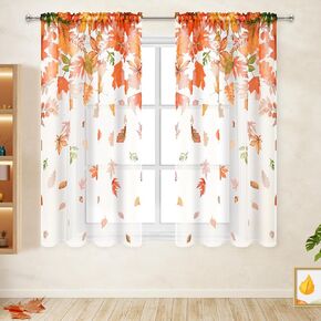 Yinhua Fall Sheer Curtains, Autumn Maple Leaves Semi Window Curtains, Light Filter Curtains for Bedroom 2 Panels Set, Thanksgiving Print Curtains for Living Room, Farmhouse Decor Ideal Gifts, 52×84 In