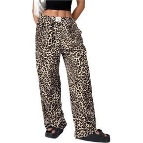Floerns Women's Leopard Print Patched Elastic Waist Straight Leg Streetwear Trousers Sweatpants