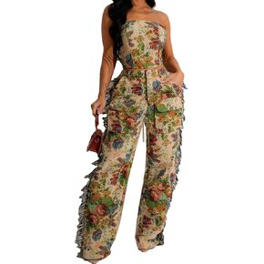 Qikaka Women's 2 PCS Printed Lace Up Tube Tops Bodycon Tassel Pockets Pants Sexy Nightclub Party Tracksuit Outfits Set
