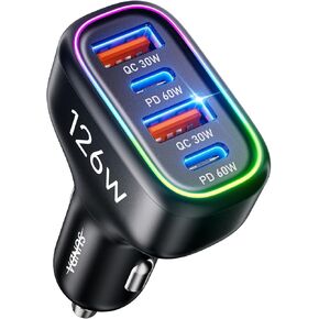 USB C Car Charger, 126W [Dual PD60W&QC30W] Cigarette Lighter USB Car Charger Adapter Fast Charging 4 Ports Car Phone Charger for iPhone 15/14/13/12/11, Samsung Galaxy S24/S23 Google Pixel Laptop