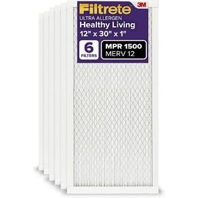 Filtrete 12x30x1 AC Furnace Air Filter, MERV 12, MPR 1500, CERTIFIED asthma & allergy friendly, 3 Month Pleated 1-Inch Electrostatic Air Cleaning Filter, 6-Pack (Actual Size 11.81x29.81x0.78 in)