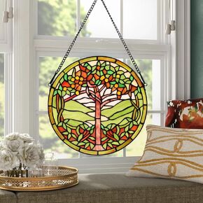 YOURANJU Stained Glass Window Hanging Handicraft Green Tree of Life Glass Window Panel 12" Round Tiffany Plant Style Window Suncatcher Perfect Window Hangings Housewarming Gift (with Chain Hook)