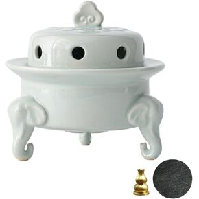 Ceramic Incense Holder with Lid,Incense Cone Burner with Three Legs,Ideal for Coil Incense and Powder Incense,Mediation Gift,Decor Yoga Room(Light Celadon)