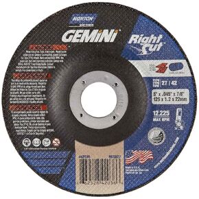 Norton Gemini Right Cut Right Angle Grinder Reinforced Abrasive Flat Cut-Off Wheel, Type 27, Aluminum Oxide, 7/8" Arbor, 5" Diameter x 0.045" Thickness (Pack of 25)