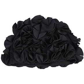 Flower Swim Women Children Retro Floral Petal Swiming Hats Fashion Elastic Long Hair Swim Bathing (Black) Swimming for Women