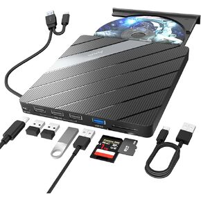 Alxum External CD Drive, 8 in 1 External DVD Drive for Laptop Portable CD Player with Multiple Ports Support Faster Transfer Speed CD 8X DVD 24x for Windows 11/10/8/7 MacOS and More