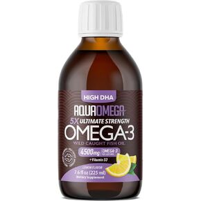 5X Ultimate Strength High DHA Omega-3 Liquid with EPA and Vitamin D - Wild Caught Omega 3 Fish Oil Supplements - 4500mg of Omega 3 Fish Oil Burpless Formula - 7.60 Fl Oz Lemon