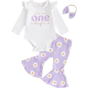 Baby Girl First Birthday Outfit Groovy One Print Romper Floral Flared Pants One Year Old Birthday Gift