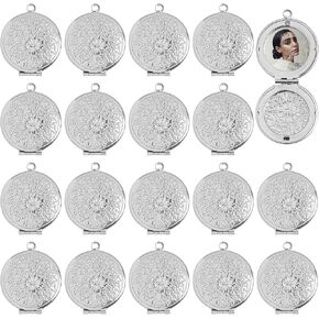 Framendino, 20 Pack Silver Stainless Steel Locket Charms Flat Round Photo Frame Charm Locket Pendants for DIY Memorial Necklace Jewelry Making