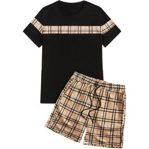 OYOANGLE Men's 2 Piece Outfits Short Sleeve T Shirt and Plaid Shorts Set Tracksuit White Khaki Plaid XXL