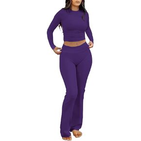 kaimimei Women's 2 Piece Lounge Outfits Slim Long Sleeve Tops High Waist Foldover Flare Leggings Sets Casual Yoga Sweatsuit