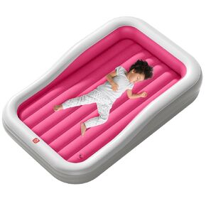 QPAU Inflatable Toddler Travel Bed, Portable Kids Air Mattress with Built-in Bumpers, Fast Electric Pump, Separate Mattress Design, Nice for Home, Grandma's, Camping, and Vacation, Red