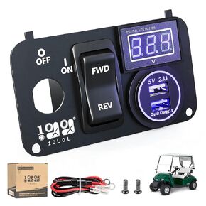 10L0L Golf Cart Key Console Switch Plate Multifunctional Panel for 2003+ EZGO TXT PDS Electric, Forward Reverse Switch Button & LED Digital Voltmeter & 12V Quick Charge 3.0 Dual USB Socket 3 in 1