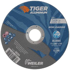 Weiler 58201 5 Inch Cutting Wheel, Tiger Aluminum Non-loading Contaminant-free High Performance Cutting, .045" ALU60S Type 1 7/8" Arbor, Pack of 25