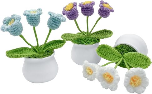 3 PCS Artificial Crochete Flowers Cute Handmade Knitted Potted Plants, Crocheted Flowers Bouquet Finished for Desk Decor Home Decor Car Dashboard Decor, Birthday Gifts (Single Head Rose) in Saudi Arabia