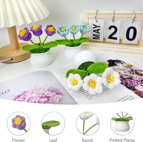 3 PCS Artificial Crochete Flowers Cute Handmade Knitted Potted Plants, Crocheted Flowers Bouquet Finished for Desk Decor Home Decor Car Dashboard Decor, Birthday Gifts (Single Head Rose) in Saudi Arabia