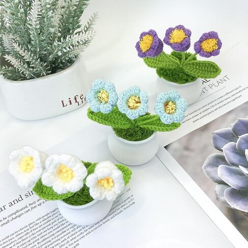 3 PCS Artificial Crochete Flowers Cute Handmade Knitted Potted Plants, Crocheted Flowers Bouquet Finished for Desk Decor Home Decor Car Dashboard Decor, Birthday Gifts (Single Head Rose) in Saudi Arabia