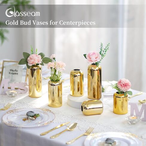 Glasseam Gold Bud Vases for Centerpieces: Modern Blown Glass Vases for Flowers Cute Small Vase Set of 6 Golden Decorative Flower Vase Decor Mini Centerpiece for Wedding Table Dining Room Decorations in Saudi Arabia
