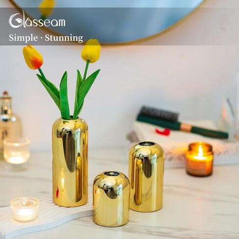 Glasseam Gold Bud Vases for Centerpieces: Modern Blown Glass Vases for Flowers Cute Small Vase Set of 6 Golden Decorative Flower Vase Decor Mini Centerpiece for Wedding Table Dining Room Decorations in Saudi Arabia