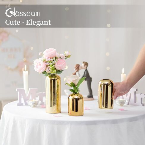 Glasseam Gold Bud Vases for Centerpieces: Modern Blown Glass Vases for Flowers Cute Small Vase Set of 6 Golden Decorative Flower Vase Decor Mini Centerpiece for Wedding Table Dining Room Decorations in Saudi Arabia