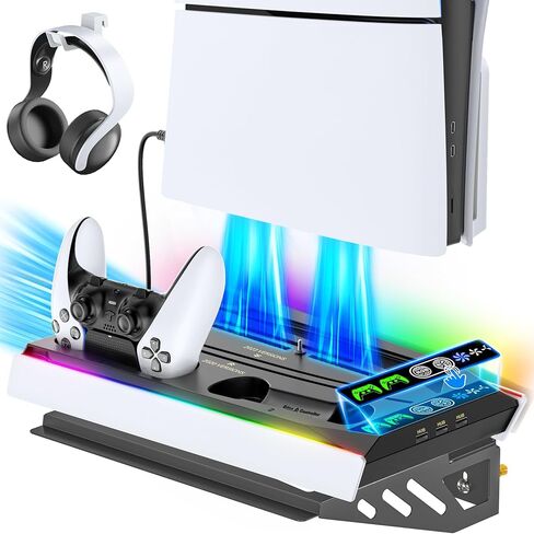 مجموعة أدوات التثبيت على الحائط لجهاز PS5 مع محطة شحن و9 مصابيح RGB لجهاز PS5 Edge ووحدة التحكم المزدوجة، ومحطة تبريد PS5 مع مروحة ثلاثية المستويات، وجدار حامل PS5 لأقراص PS5/PS5 النحيفة والرقمية، وحامل ملحقات PS5 على الرف in Kuwait