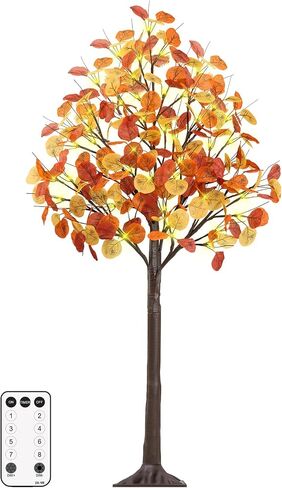 Remon 4FT Lighted Fall Tree - Artificial Fall Light Up Eucalyptus Tree with 60 Lights, 180 Leaves, Remote 8 Flashing Modes, Timing for Thanksgiving Autumn Harvest Indoor Outdoor Decorations in Saudi Arabia