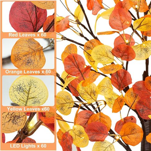 Remon 4FT Lighted Fall Tree - Artificial Fall Light Up Eucalyptus Tree with 60 Lights, 180 Leaves, Remote 8 Flashing Modes, Timing for Thanksgiving Autumn Harvest Indoor Outdoor Decorations in Saudi Arabia